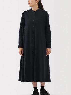 MUJI Sz S Navy Organic Flannel Shirt Dress | Cocoon Midi Button-Up Long Sleeve